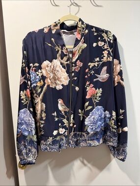 Navy Floral Bomber Jacket with Bird Motif